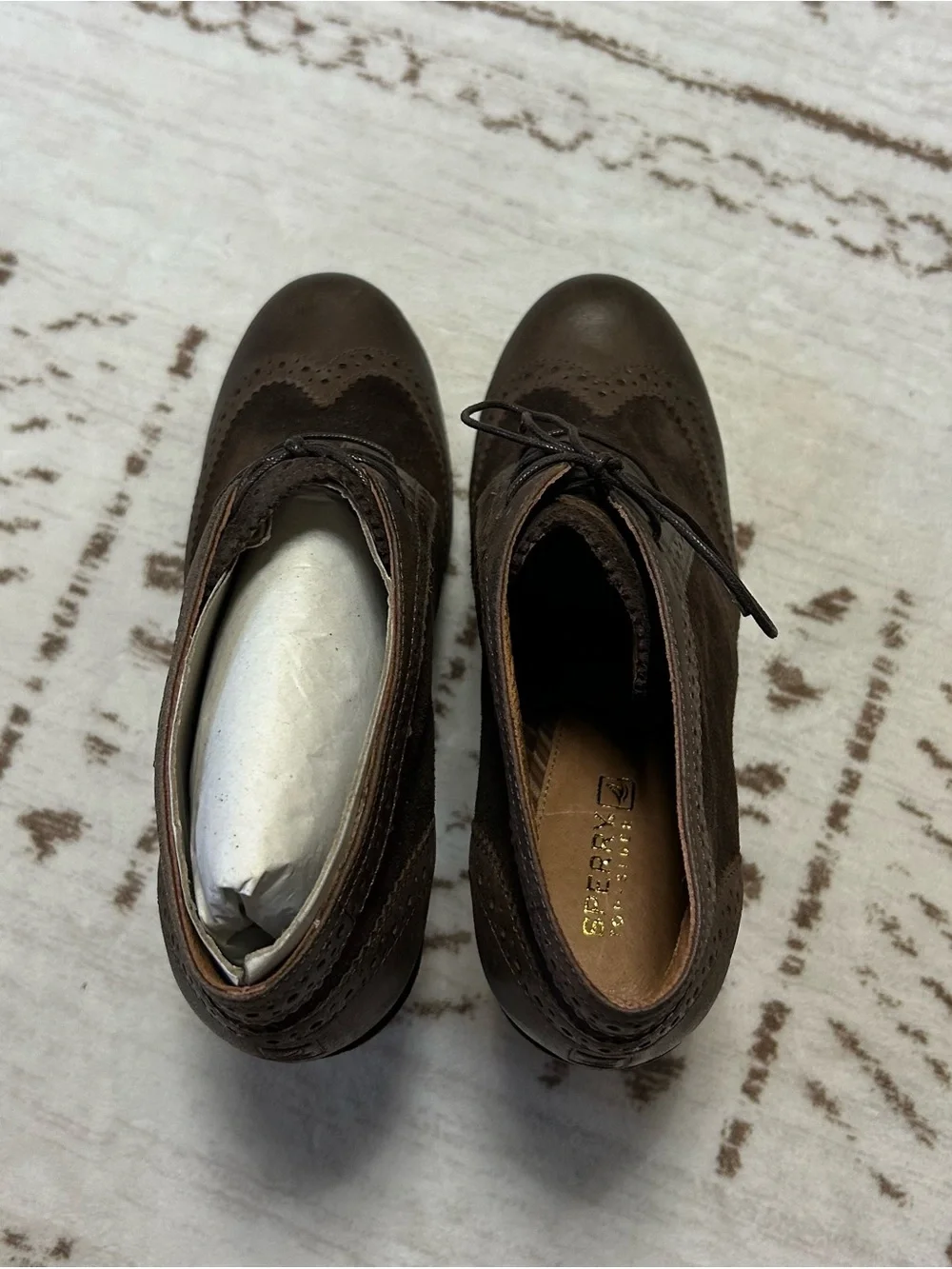 New Sperry Brown Leather Suede Wingtip Lace Up Heeled Ankle Booties 7M